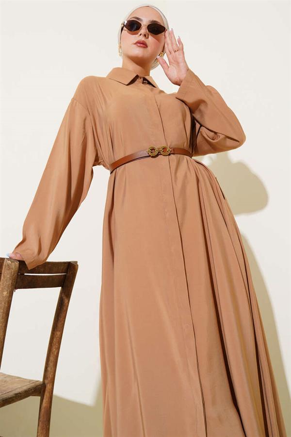 Buttoned Belted Long Tunic Camel