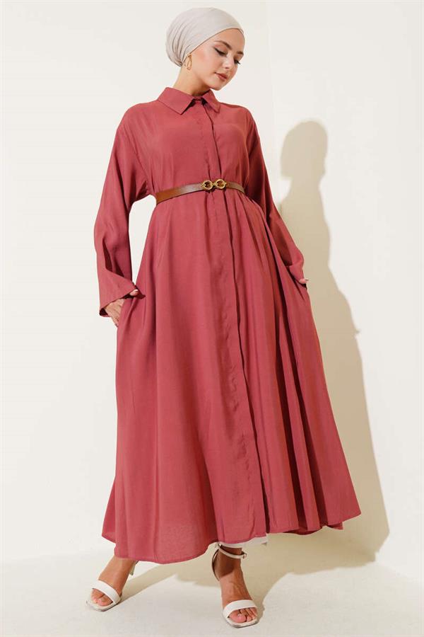 Buttoned Belted Long Tunic Dusty Rose