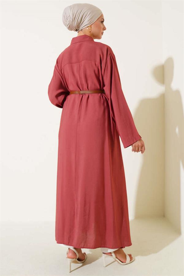 Buttoned Belted Long Tunic Dusty Rose