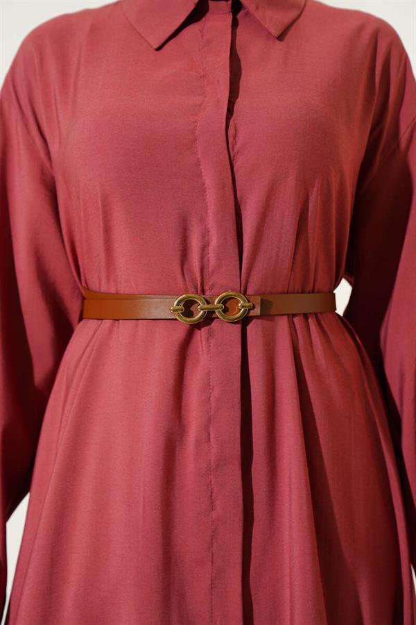 Buttoned Belted Long Tunic Dusty Rose