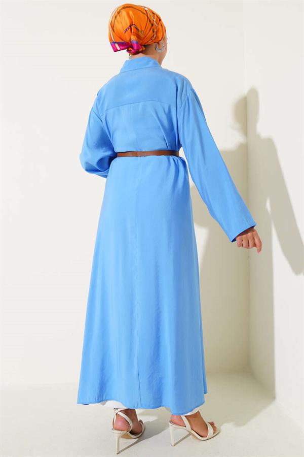 Buttoned Belted Long Tunic Blue