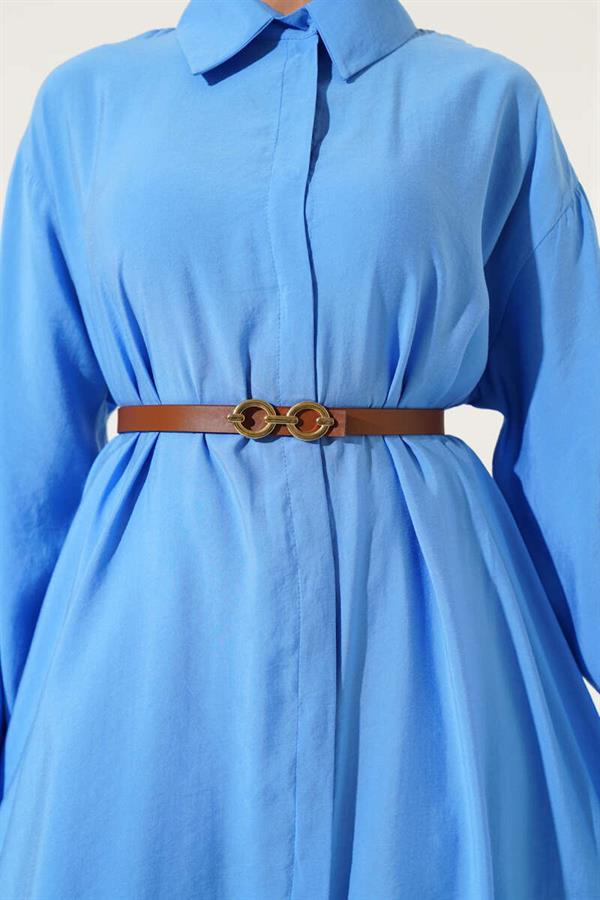 Buttoned Belted Long Tunic Blue