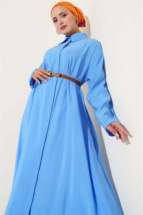 Buttoned Belted Long Tunic Blue