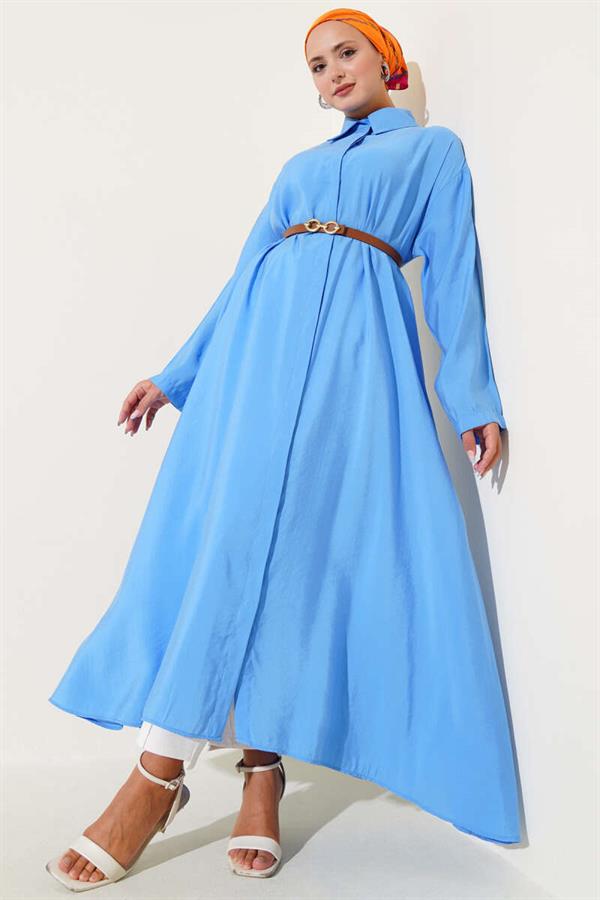 Buttoned Belted Long Tunic Blue