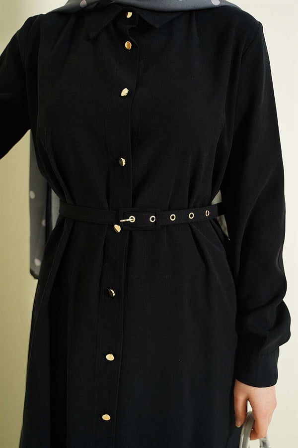 Buttoned Belted Long Tunic 2 Piece Set, Black