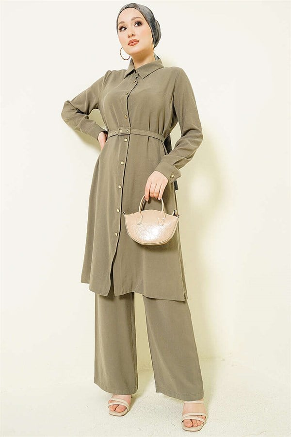 2 Piece Set with Buttoned Belt and Long Tunic, Khaki