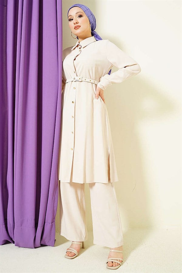 2 Piece Set with Buttoned Belt and Long Tunic (Stone)