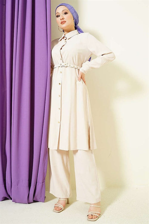 2 Piece Set with Buttoned Belt and Long Tunic (Stone)