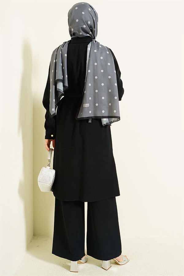 Buttoned Belted Long Tunic 2 Piece Set, Black