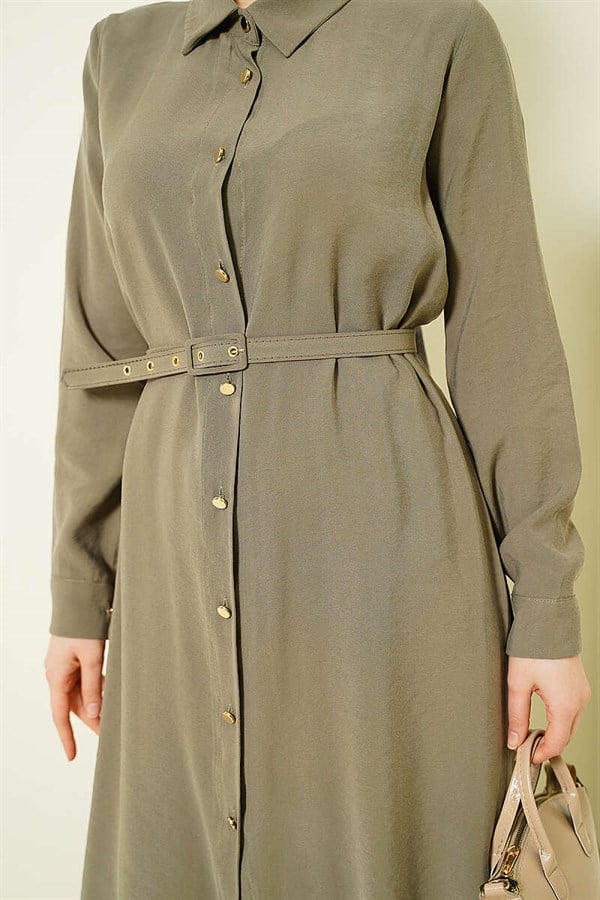 2 Piece Set with Buttoned Belt and Long Tunic, Khaki