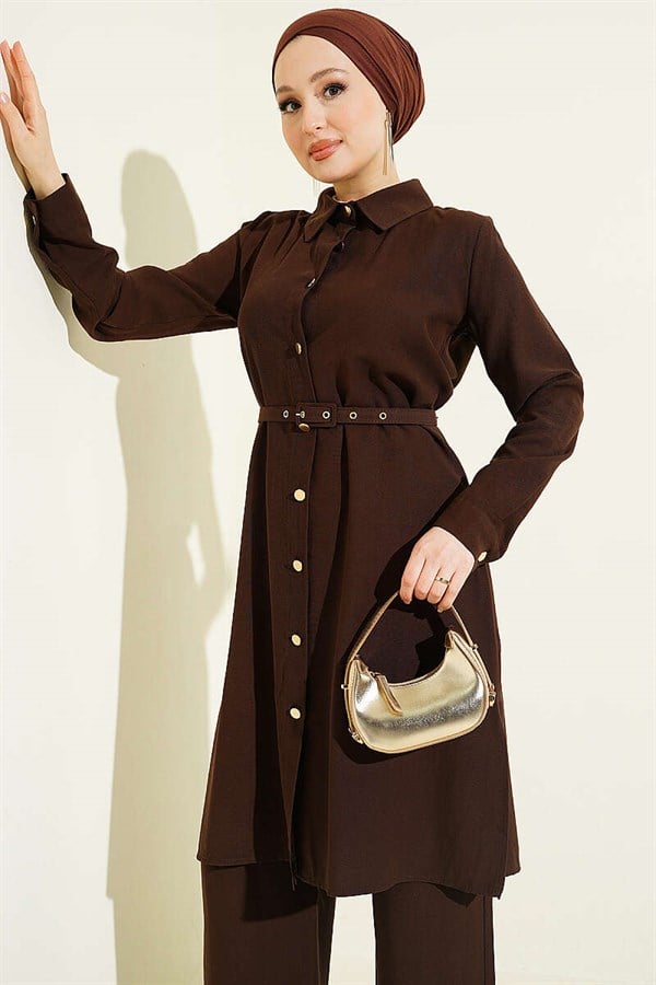 Buttoned Belted Long Tunic 2 Piece Set Dark Brown