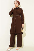 Buttoned Belted Long Tunic 2 Piece Set Dark Brown