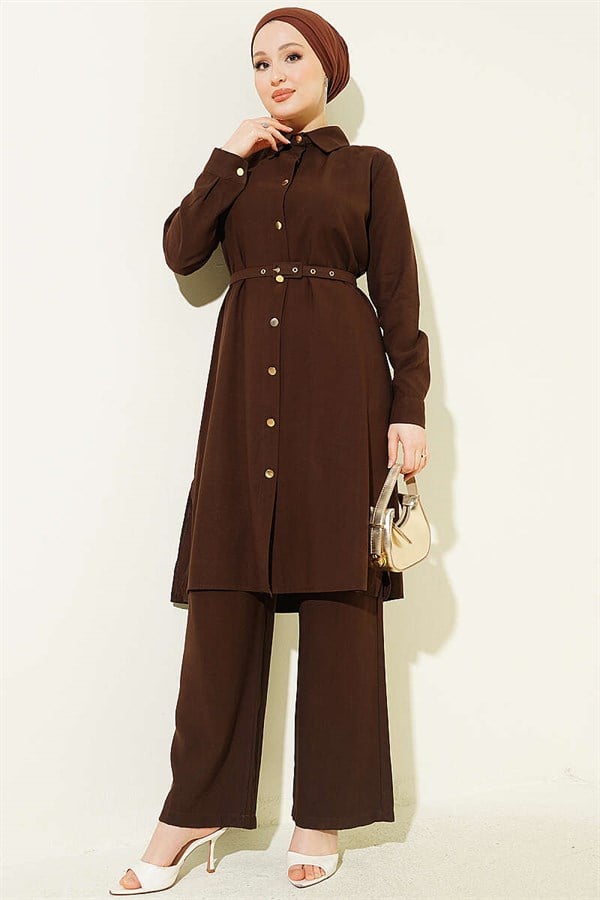 Buttoned Belted Long Tunic 2 Piece Set Dark Brown