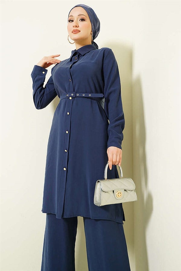 2 Piece Set: Long tunic with button detail and belt, navy blue.