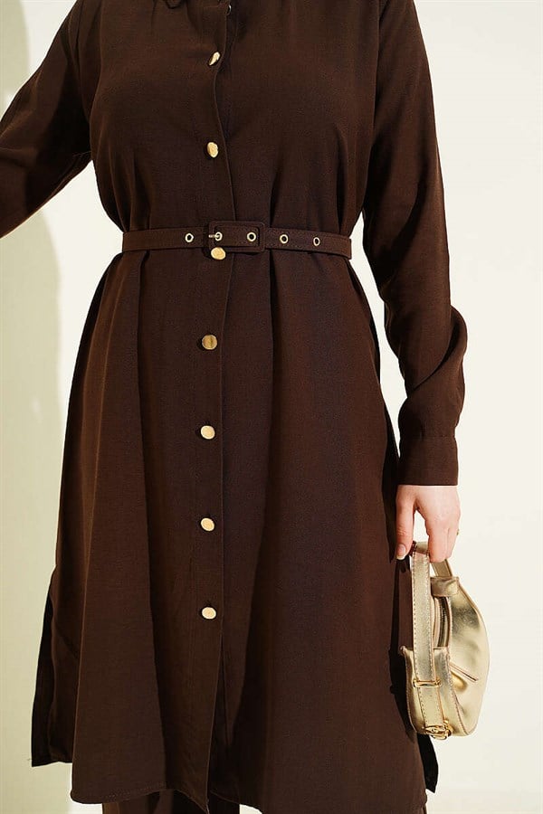 Buttoned Belted Long Tunic 2 Piece Set Dark Brown