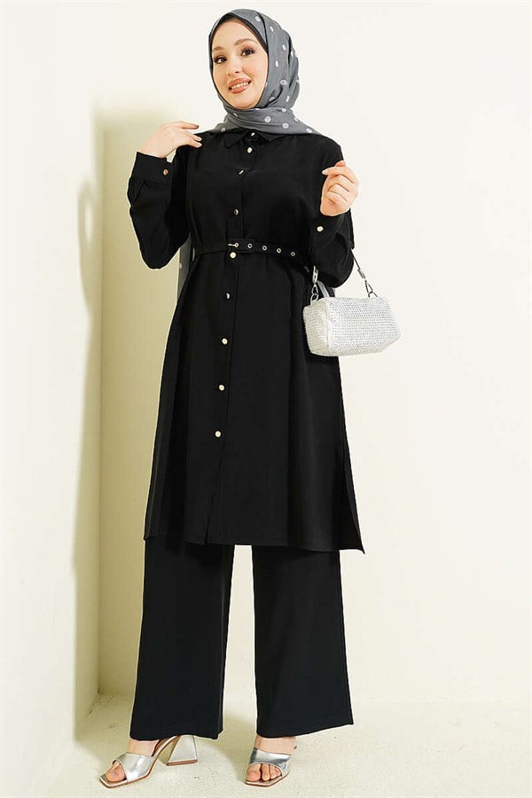 Buttoned Belted Long Tunic 2 Piece Set, Black