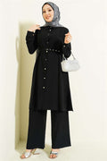 Buttoned Belted Long Tunic 2 Piece Set, Black
