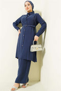2 Piece Set: Long tunic with button detail and belt, navy blue.