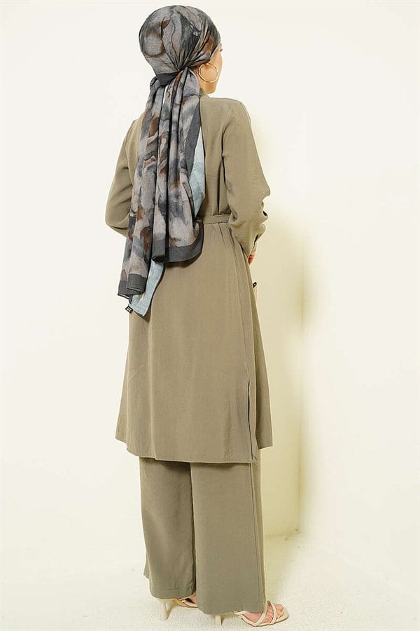 2 Piece Set with Buttoned Belt and Long Tunic, Khaki