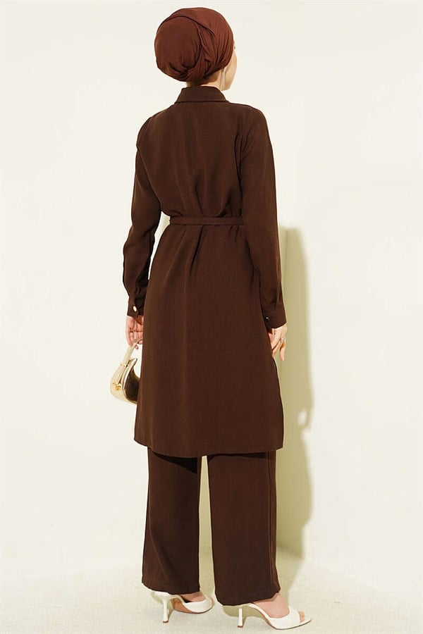 Buttoned Belted Long Tunic 2 Piece Set Dark Brown