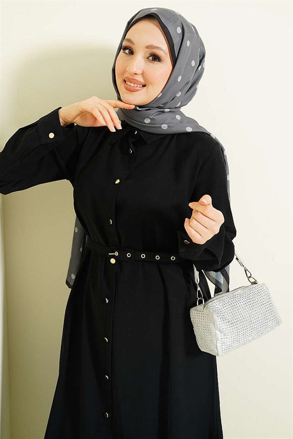 Buttoned Belted Long Tunic 2 Piece Set, Black