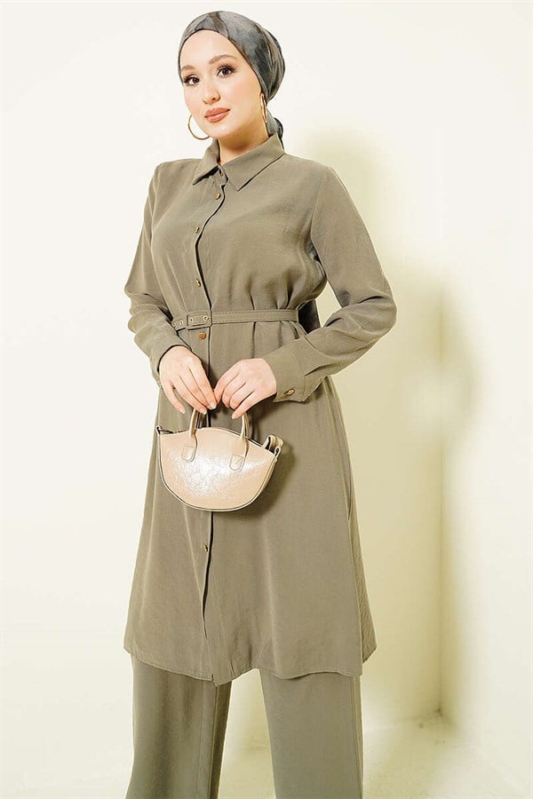 2 Piece Set with Buttoned Belt and Long Tunic, Khaki