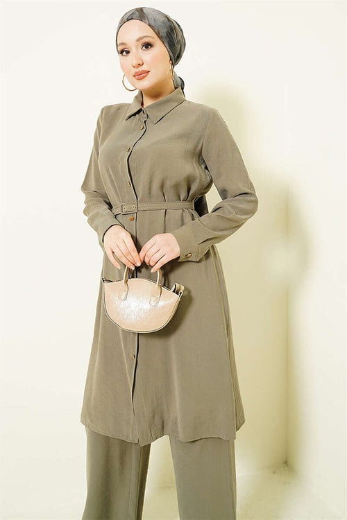 2 Piece Set with Buttoned Belt and Long Tunic, Khaki