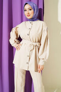 Buttoned Sleeve Pleated 2 Piece Set, Beige