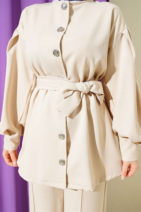 Buttoned Sleeve Pleated 2 Piece Set, Beige