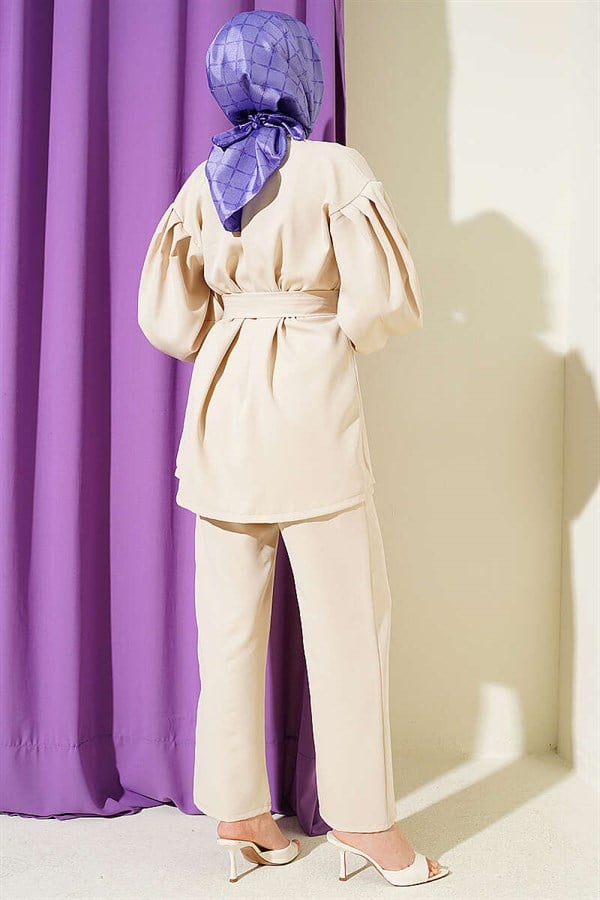 Buttoned Sleeve Pleated 2 Piece Set, Beige