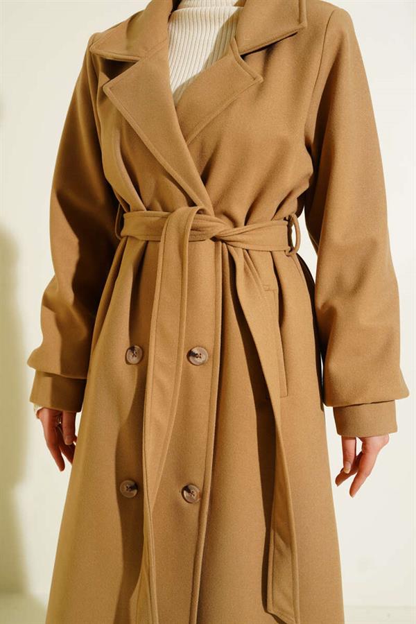 Buttoned Belt Detailed Cashmere Coat Latte