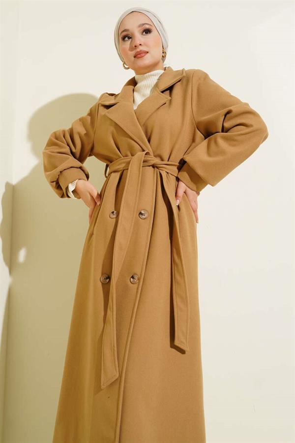 Buttoned Belt Detailed Cashmere Coat Latte