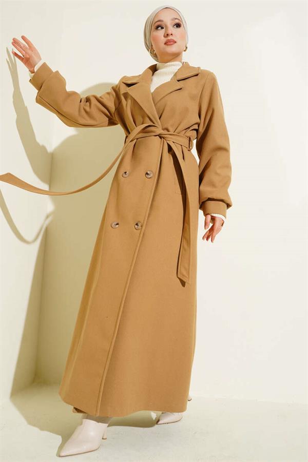 Buttoned Belt Detailed Cashmere Coat Latte