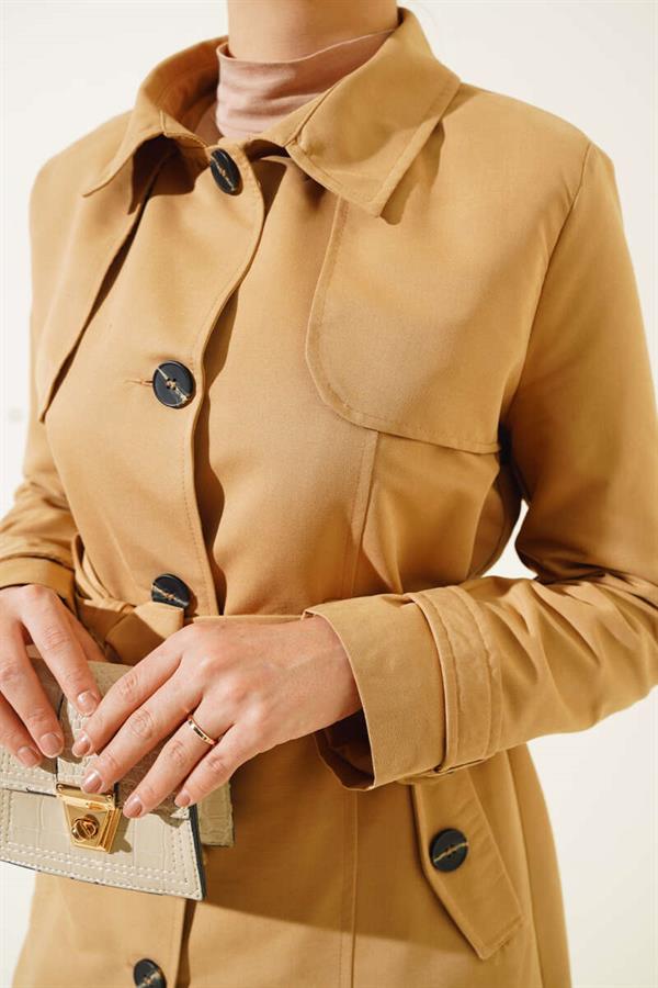 Buttoned Belted Arabboy Trench Coat Camel
