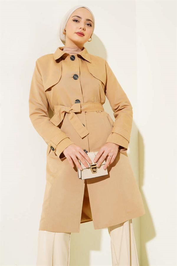 Buttoned Belted Arabboy Trench Coat Camel