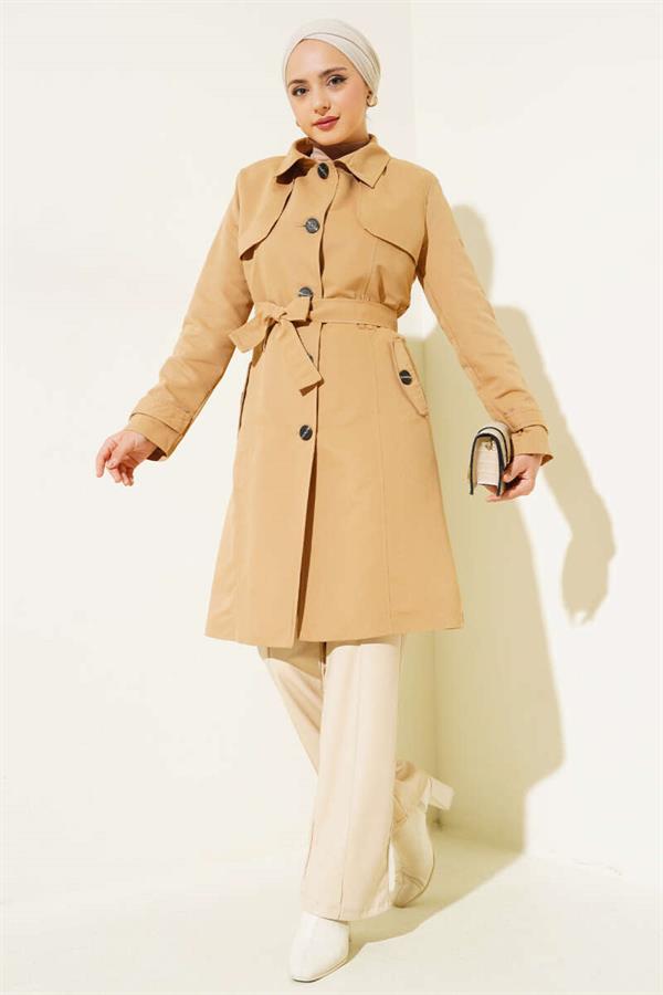 Buttoned Belted Arabboy Trench Coat Camel
