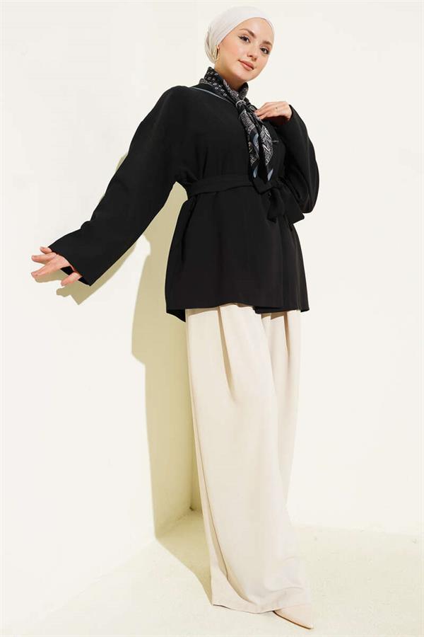 Buttoned Belted Basic Jacket Black
