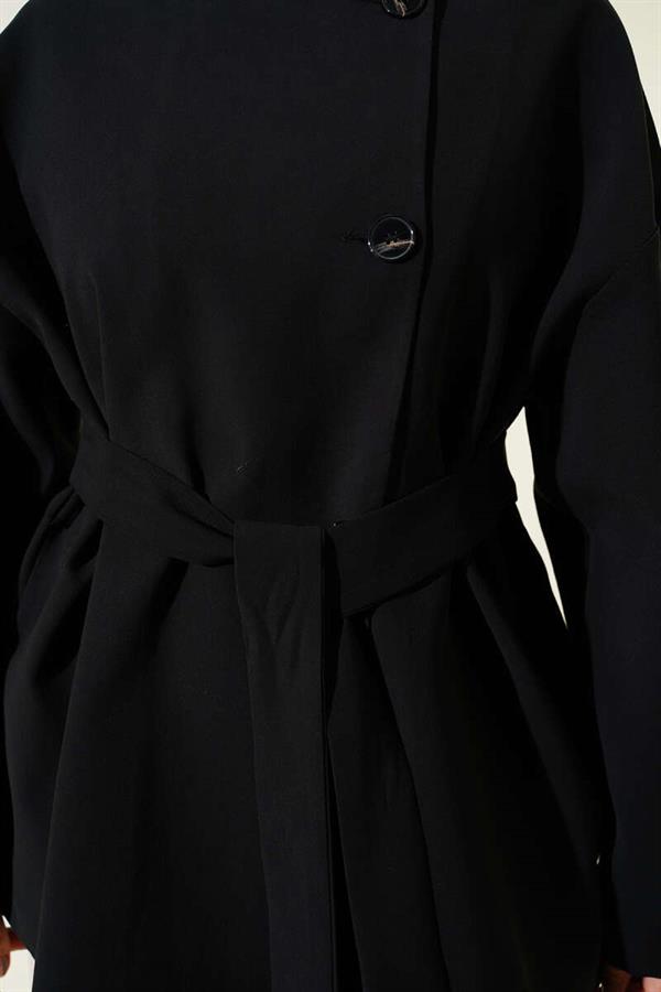 Buttoned Belted Basic Jacket Black
