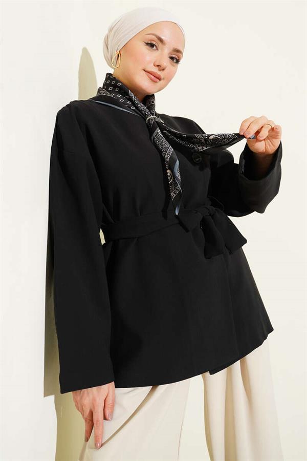 Buttoned Belted Basic Jacket Black
