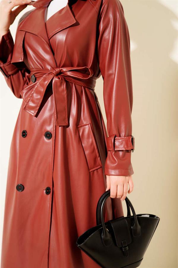 Buttoned Belted Leather Trench Coat Burgundy
