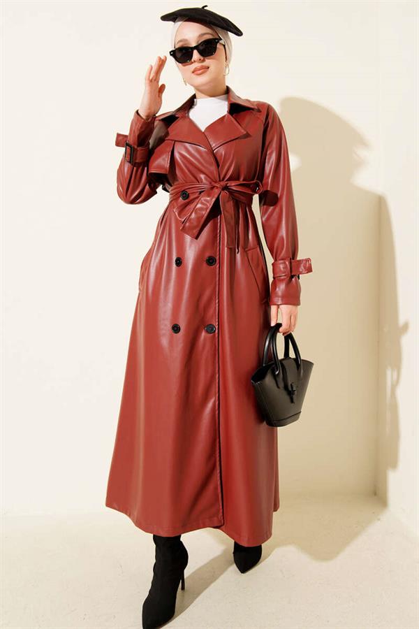 Buttoned Belted Leather Trench Coat Burgundy
