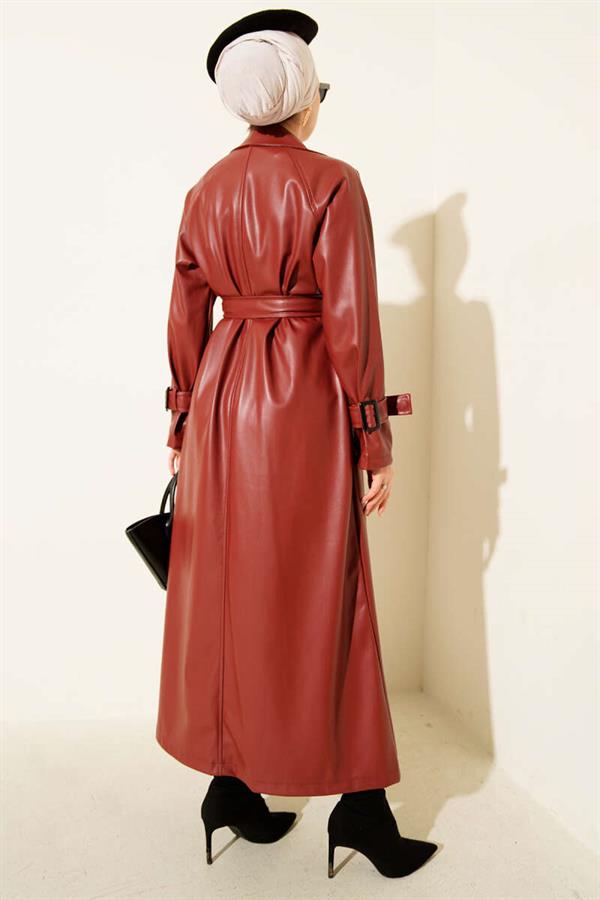 Buttoned Belted Leather Trench Coat Burgundy