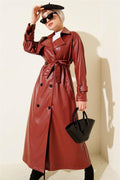 Buttoned Belted Leather Trench Coat Burgundy
