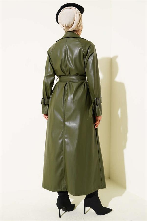 Buttoned Belted Leather Trench Coat Khaki