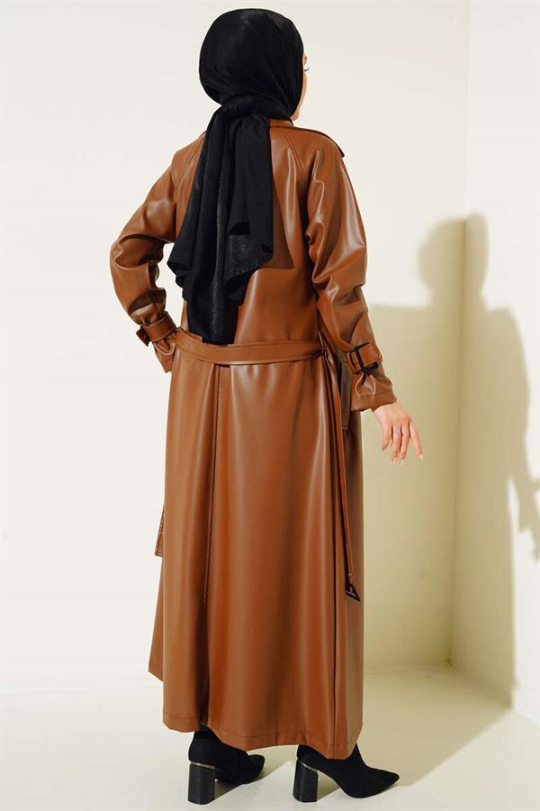 Buttoned Belted Leather Trench Coat Tan