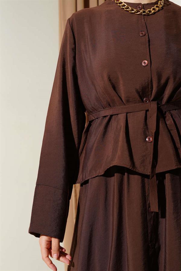 Buttoned Belted Vest 2 Piece Set Brown