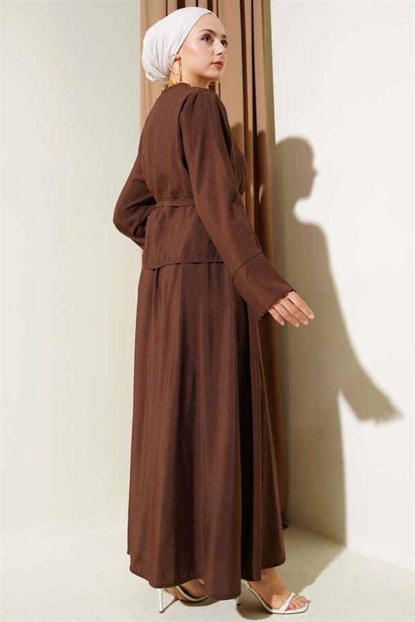 Buttoned Belted Vest 2 Piece Set Brown