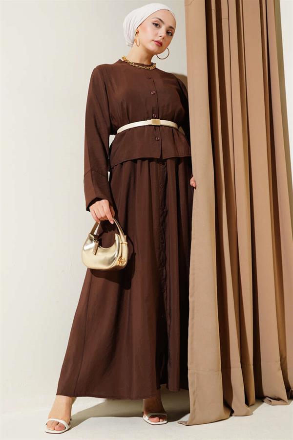 Buttoned Belted Vest 2 Piece Set Brown