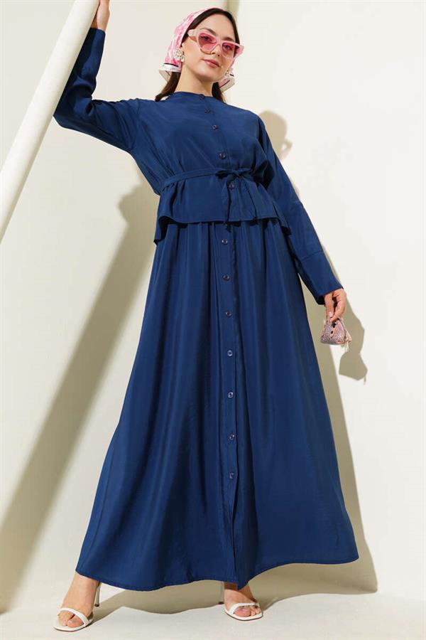 Buttoned Belted Vest 2 Piece Set Navy Blue