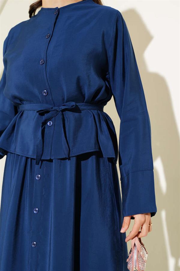 Buttoned Belted Vest 2 Piece Set Navy Blue